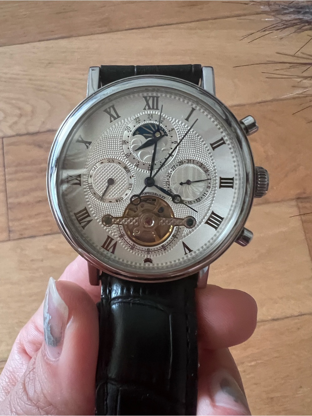 Christian Bailey Skeleton Dial Wristwatch with Black Leather Strap